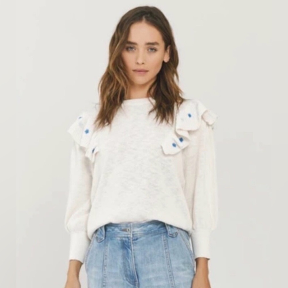 Something Navy- Louise Cream Sweater with Blue Embroidered Flowers. Size S